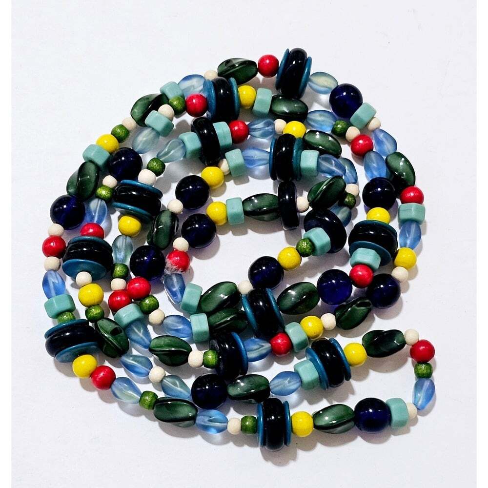Vintage 1970s Glass Beaded Opera Necklace: Boho Tribal Style, 50"
